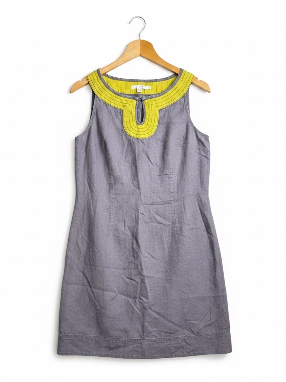 Boden Womens Linen Shift Dress Size 6R Gray Yellow‎ Sleeveless Contrast Trim